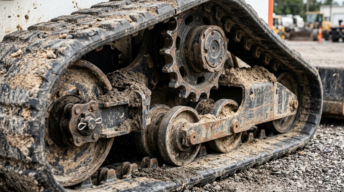 Close-up of rubber tracks on a compact track loader showing tread depth and wear patterns