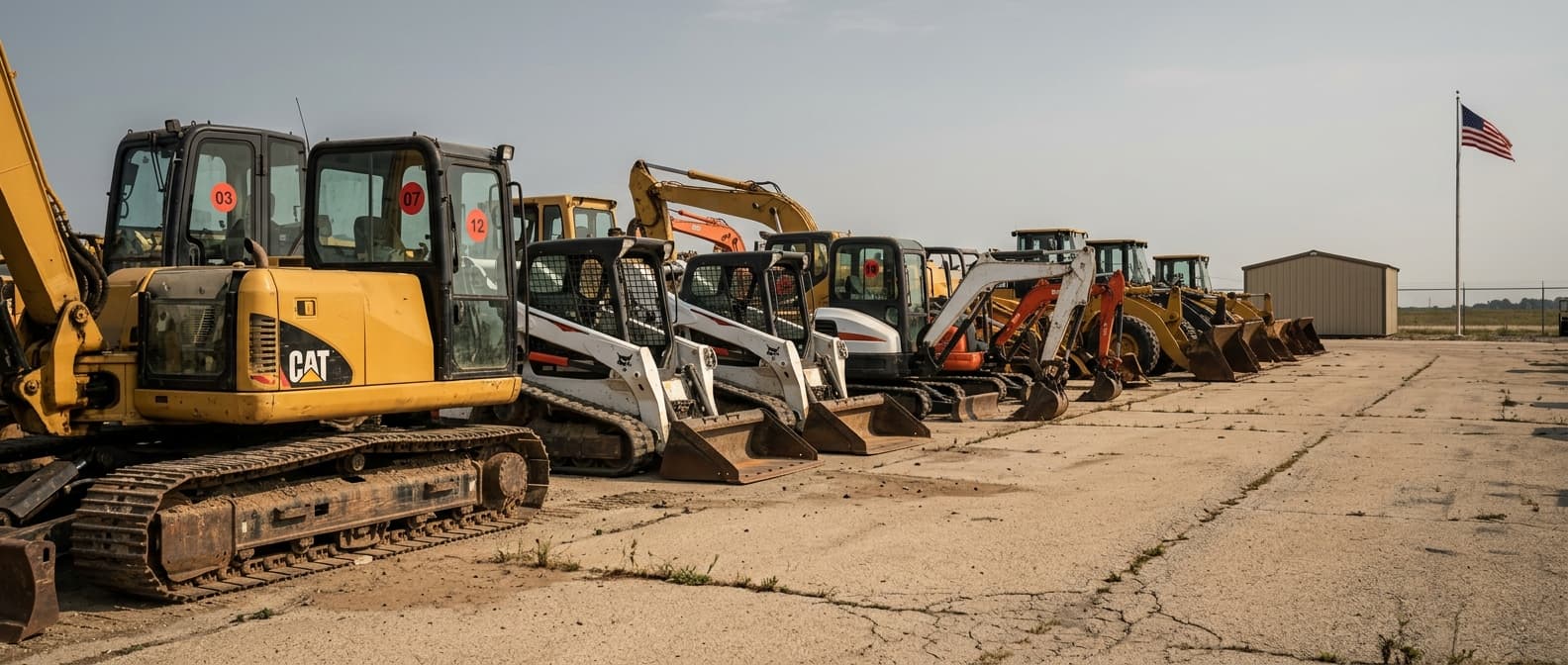 Auction-style equipment yard with rows of dusty machines tagged with red auction lot numbers